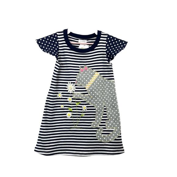 NEW Mud Pie polka dot Cat print Striped Dress Size 4T 100% cotton - Picture 1 of 6